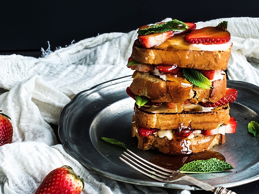 French toast tower with strawberry cream cheese honey and mint Stockland 900x675