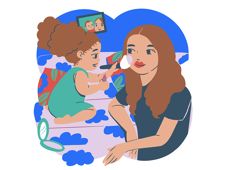 Illustration of a young girl applying makeup to their Mother