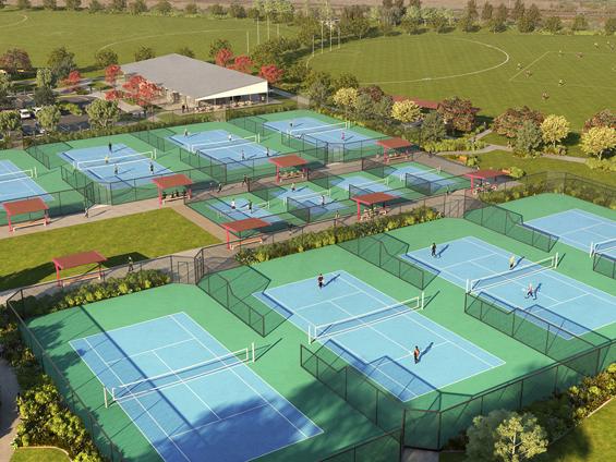 computer generated illustration of Baringa Sports Complex with tennis courts and fields