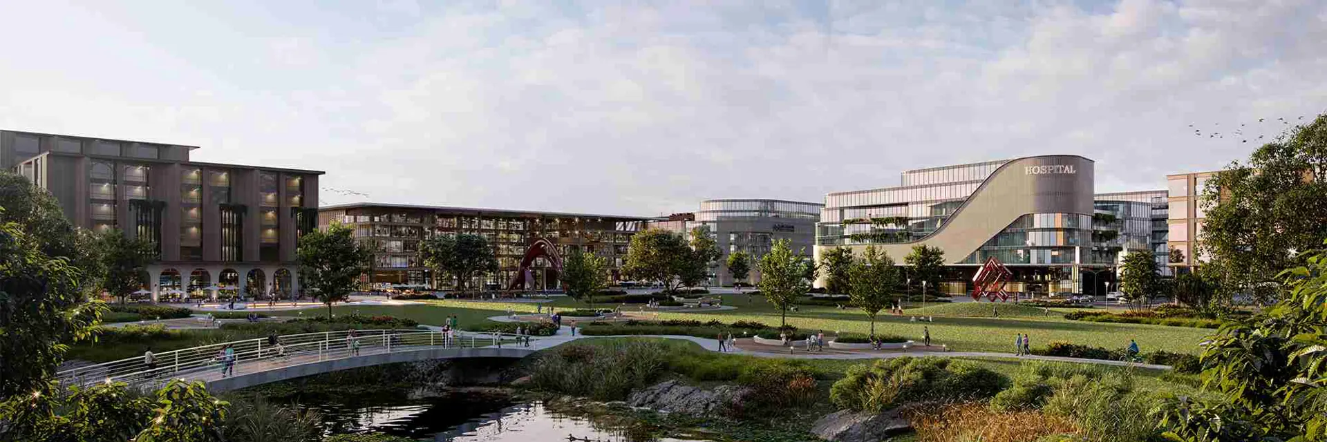 Artist's impression a lake and buildings, including a hospital 
