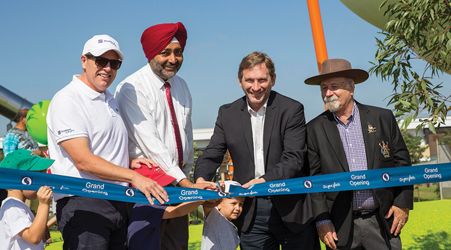 Richard Rhydderch, Stockland General Manager NSW Residential Development; Councillor Moninder Singh, Blacktown City Council; Mayor Stephen Bali MP, Blacktown City Council; and Councillor Chris Quilkey, Blacktown City Council celebrate the official opening of the Altrove Hilltop Park in Schofields (NSW) on 8 April 2018.