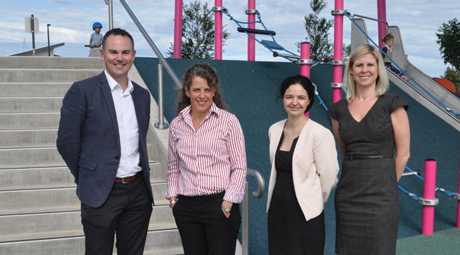 (L to R) Stockland's Mark Stephens, GBCA's Romily Madew, Stockland's Davina Rooney and GBCA's Karen Jamal at Aura's Pedal Park.