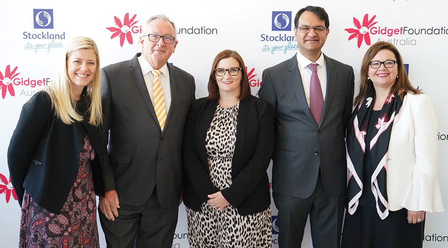 Gidget House was officially opened on 13 August 2018 by (L to R) Arabella Gibson, CEO Gidget Foundation Australia; NSW Health Minster, the Hon. Brad Hazzard MP; NSW Minister for Early Childhood Education, Minister for Aboriginal Affairs, and Assistant Minister for Education, the Hon. Sarah Mitchell MLC; Dr Vijay Roach; and Amanda Hayes, General Manager - Retail Asset Management and Operations at Stockland.