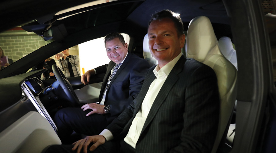 The Hon Craig Laundy MP, Federal Assistant Minister for Industry, Innovation and Science with Stockland's Simon Shakesheff to launch our $200,000 national roll out of Tesla Destination Chargers across 31 shopping centres from Cairns to Melbourne.