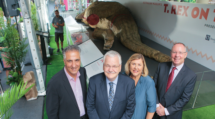 Fairfield City Mayor Frank Carbone, Stockland CEO Commercial Property John Schroder, Australian Museum Director and CEO Kim McKay AO, and Dr Hugh McDermott MP State Member for Prospect welcome T rex on tour to Stockland Wetherill Park