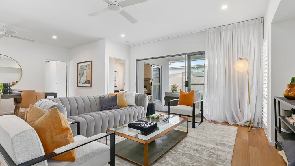 Beautiful modern interior living room display at a Stockland Halcyon community