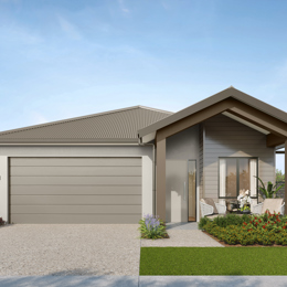 Facade render of the Byron G4 house design with a gable facade in country colour scheme, located at Stockland Halcyon Gables in The Hills district.