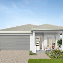 Facade render of the Byron H9 house design with a hip facade in coastal colour scheme, located at Stockland Halcyon Gables in The Hills district. 