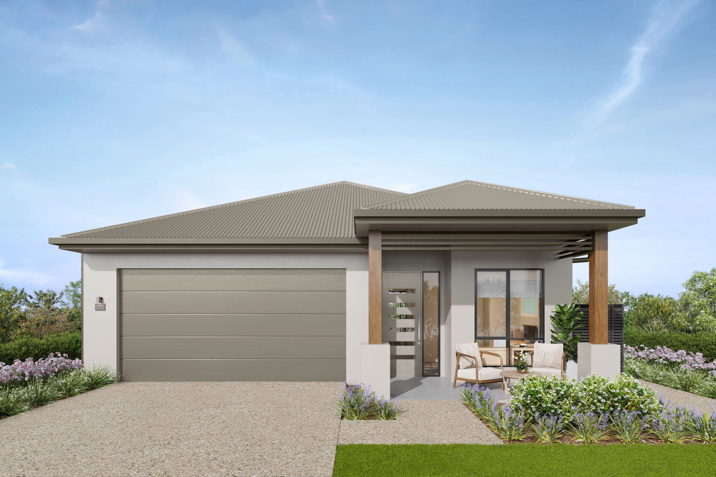 Facade render of the Byron H9 house design with a hip facade in country colour scheme, located at Stockland Halcyon Gables in The Hills district. 