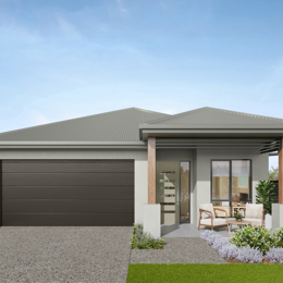 Facade render of the Byron H9 house design with a hip facade in rainforest colour scheme, located at Stockland Halcyon Gables in The Hills district. 