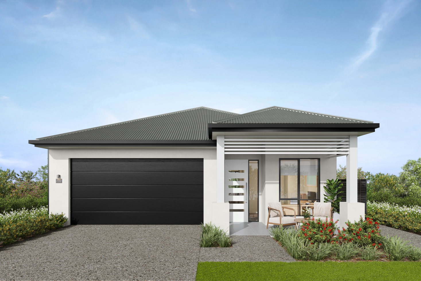 Facade render of the Byron H9 house design with a hip facade in urban colour scheme, located at Stockland Halcyon Gables in The Hills district. 