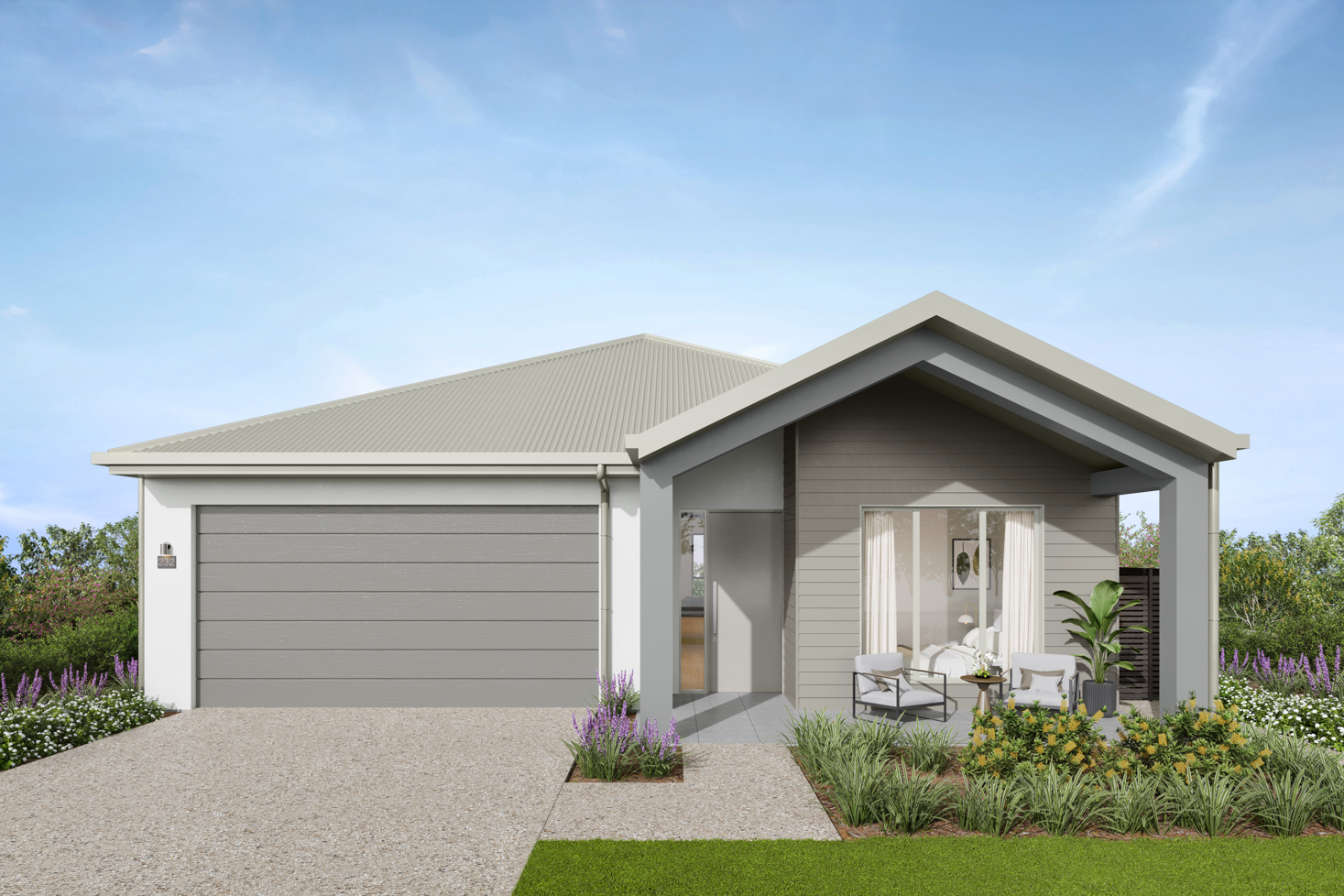 Facade render of the Daintree G4 house design with a gable facade in coastal colour scheme, located at Stockland Halcyon Gables in The Hills district. 