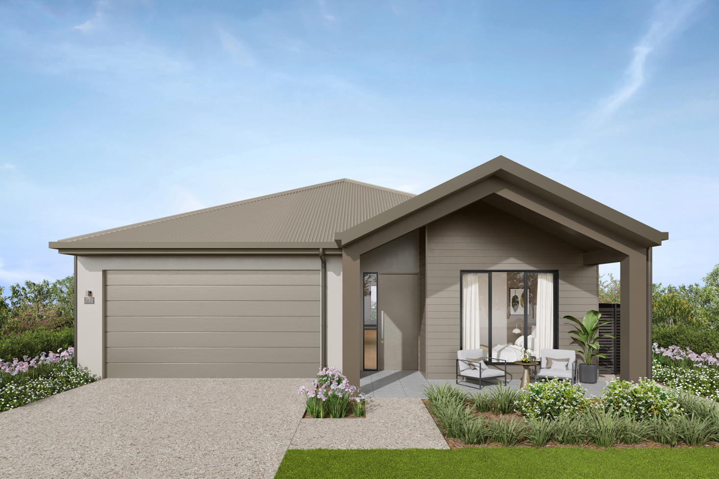 Facade render of the Daintree G4 house design with a gable facade in country colour scheme, located at Stockland Halcyon Gables in The Hills district. 