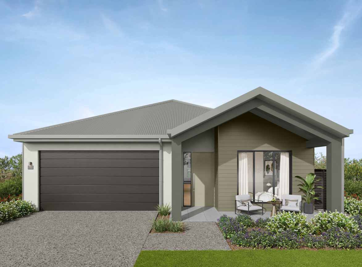 Facade render of the Daintree G4 house design with a gable roofline in rainforest colour scheme, located at Stockland Halcyon Gables in The Hills district. 