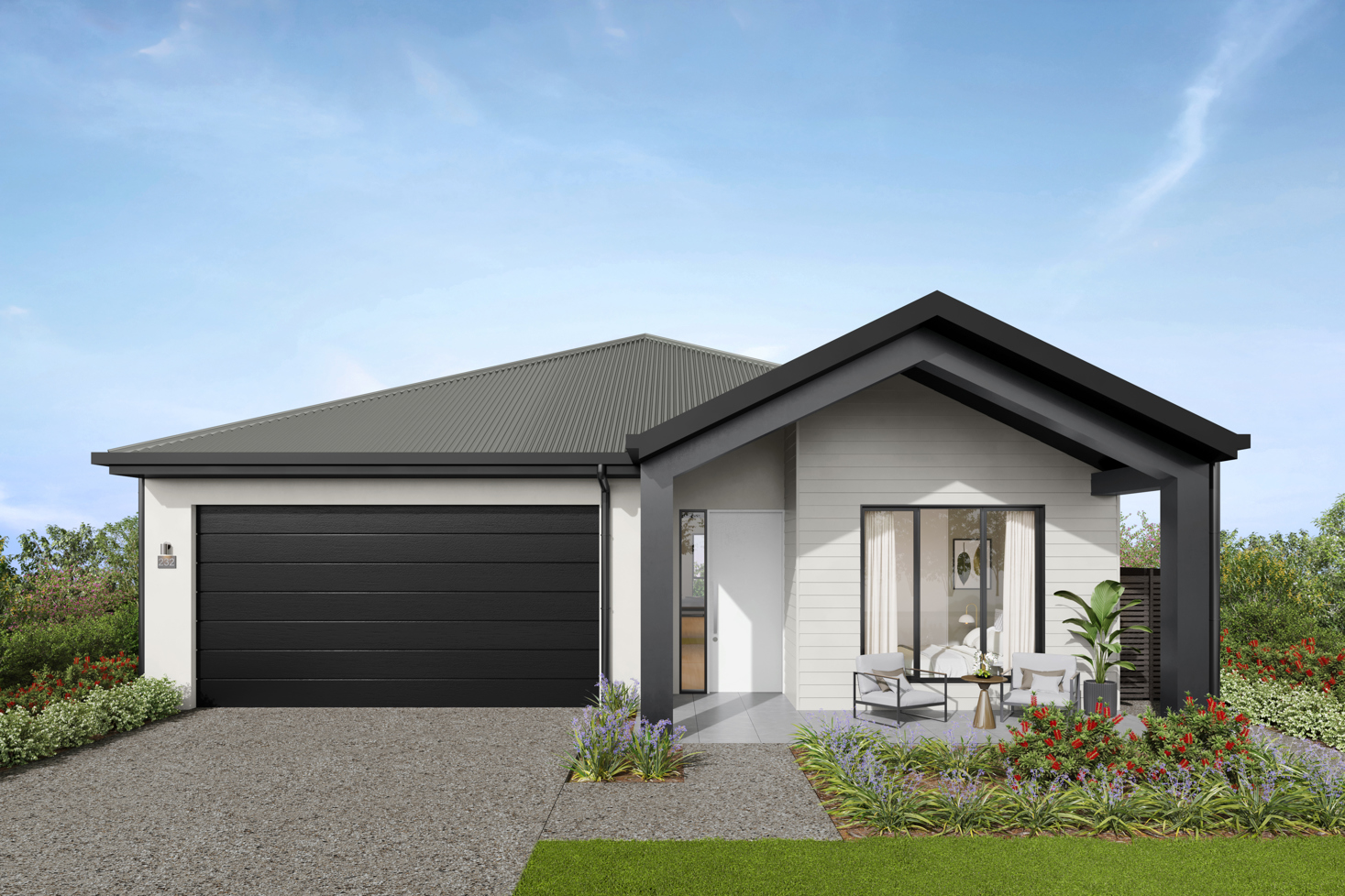 Facade render of the Daintree G4 house design with a gable roofline in urban colour scheme, located at Stockland Halcyon Gables in The Hills district. 