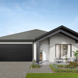 Facade render of the Daintree G4 house design with a gable roofline in urban colour scheme, located at Stockland Halcyon Gables in The Hills district. 