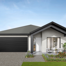 Facade render of the Daintree G4 house design with a gable roofline in urban colour scheme, located at Stockland Halcyon Gables in The Hills district.