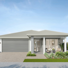 Facade render of the Daintree H2 house design with a hip roofline in coastal colour scheme, located at Stockland Halcyon Gables in The Hills district. 