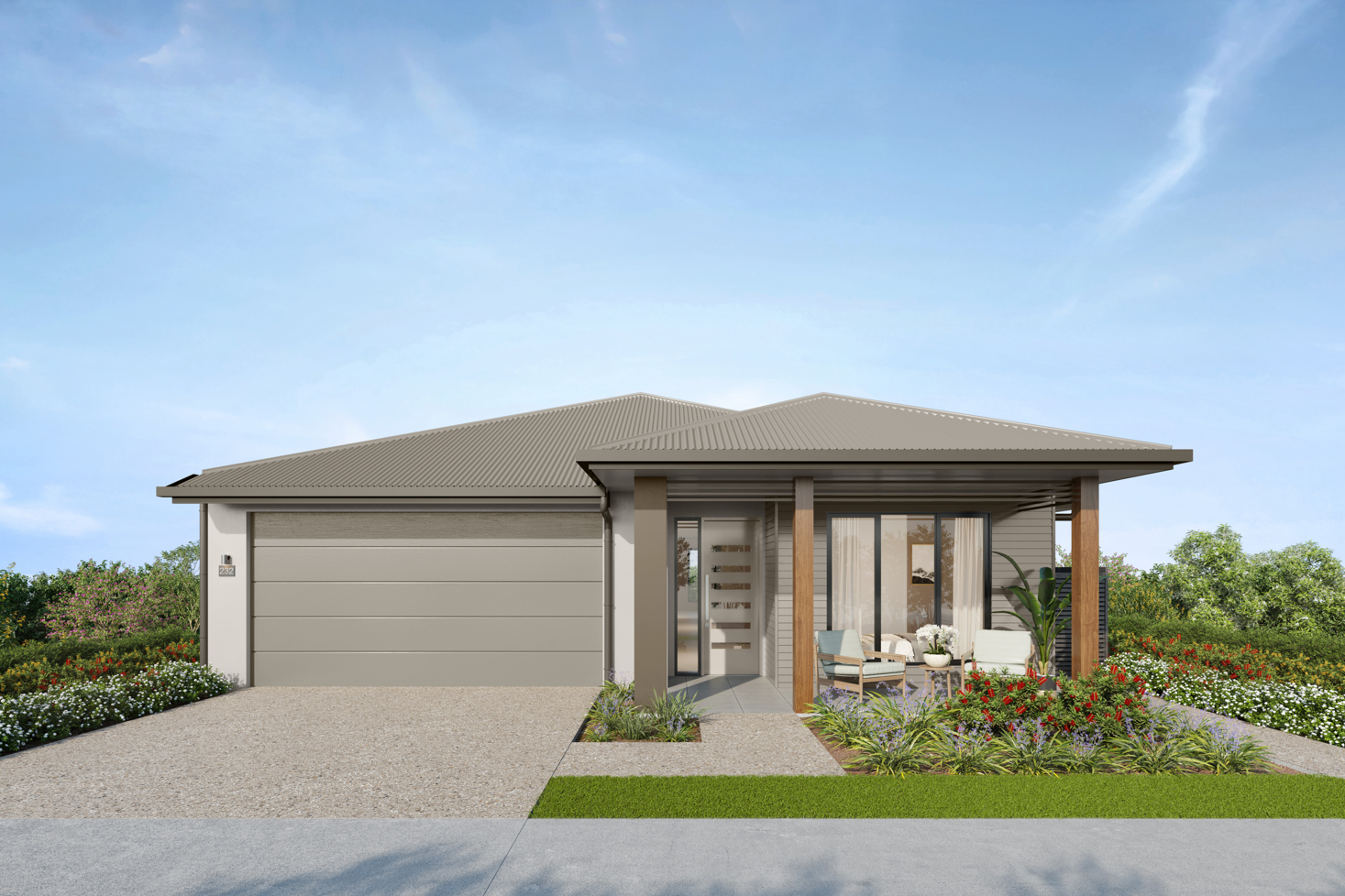 Facade render of the Daintree H2 house design with a hip roofline in country colour scheme, located at Stockland Halcyon Gables in The Hills district. 