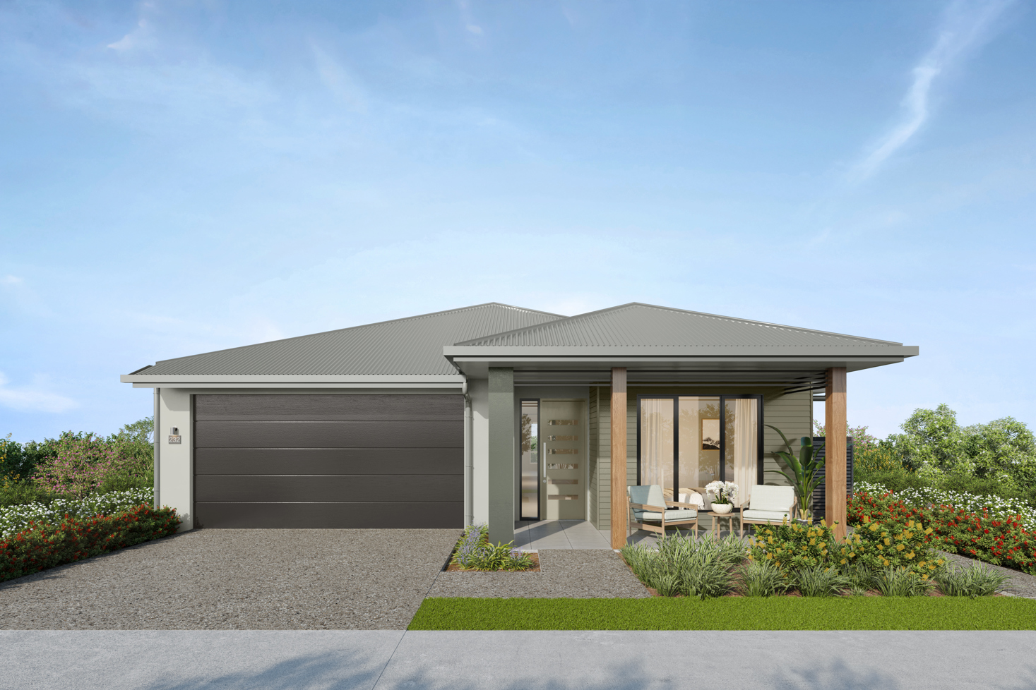 Facade render of the Daintree H2 house design with a hip roofline in rainforest colour scheme, located at Stockland Halcyon Gables in The Hills district. 