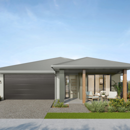 Facade render of the Daintree H2 house design with a hip roofline in rainforest colour scheme, located at Stockland Halcyon Gables in The Hills district. 