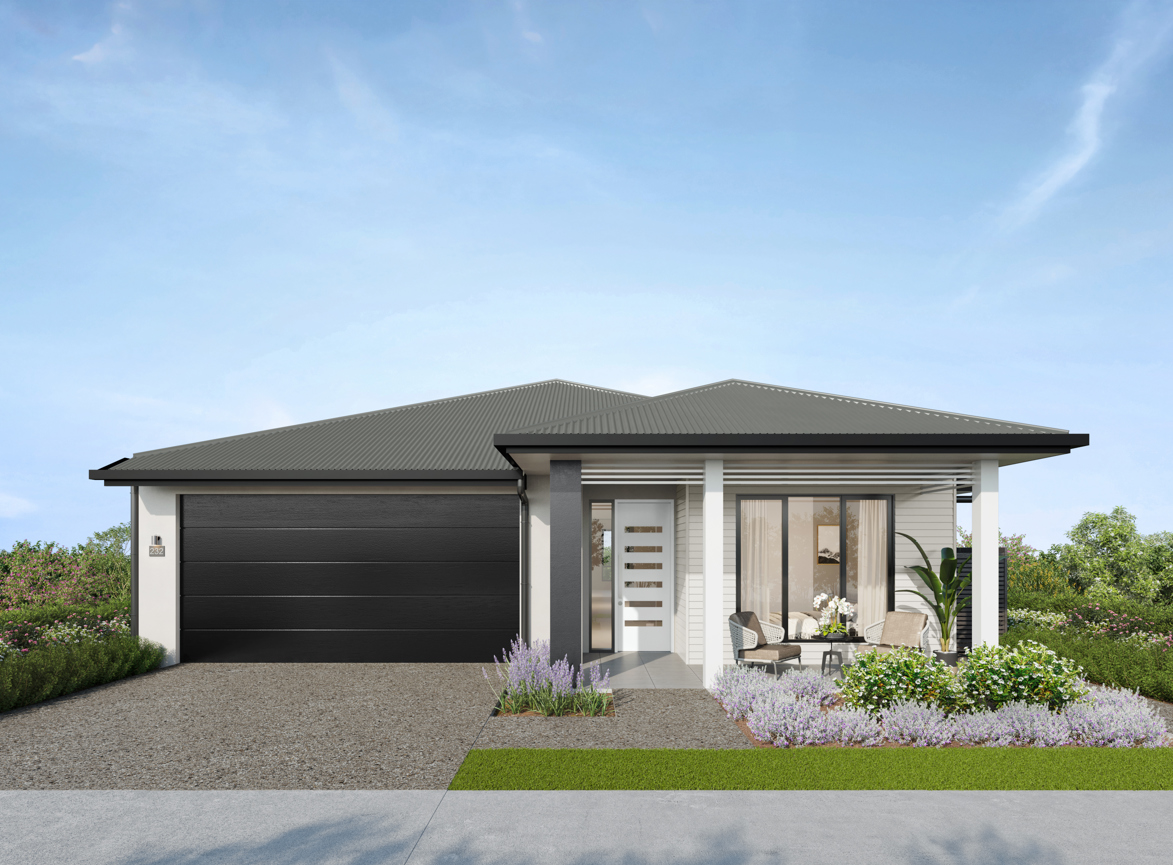 Facade render of the Daintree H2 house design with a hip roofline in urban colour scheme, located at Stockland Halcyon Gables in The Hills district. 