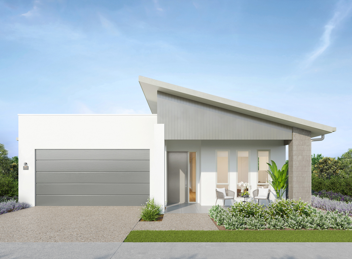 Facade render of the Fraser S1 house design with a skillion roofline in coastal colour scheme, located at Stockland Halcyon Gables in The Hills district.