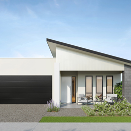 Facade render of the Fraser S1 house design with a skillion roofline in urban colour scheme, located at Stockland Halcyon Gables in The Hills district.