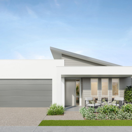 Facade render of the Kimberley S6 house design with a skillion roofline in coastal colour scheme, located at Stockland Halcyon Gables in The Hills district.