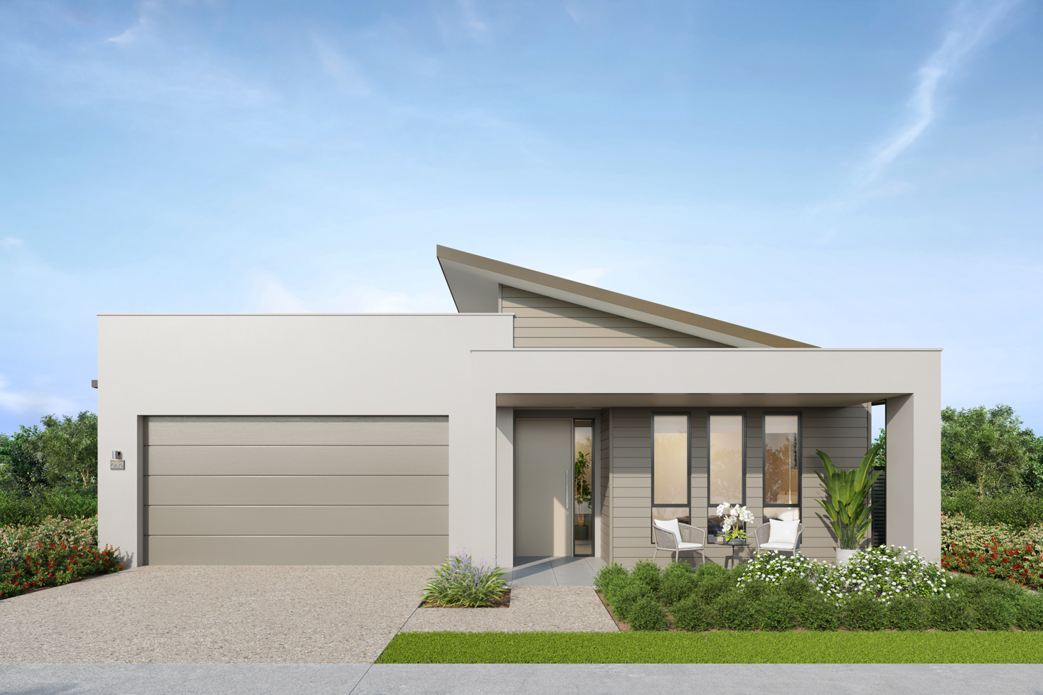Facade render of the Kimberley S6 house design with a skillion roofline in country colour scheme, located at Stockland Halcyon Gables in The Hills district.
