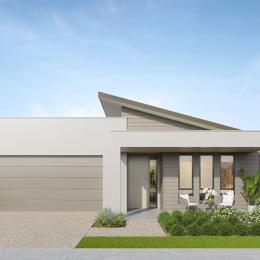 Facade render of the Kimberley S6 house design with a skillion roofline in country colour scheme, located at Stockland Halcyon Gables in The Hills district.