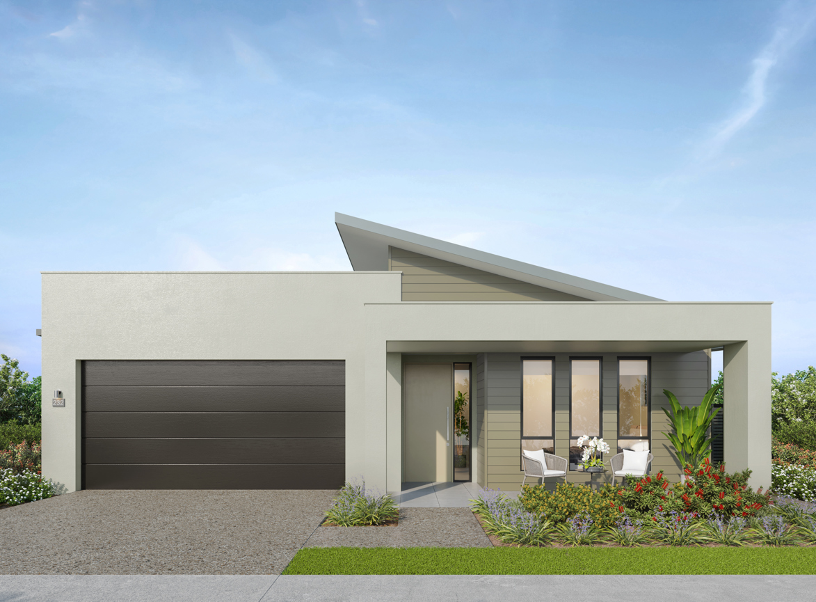 Facade render of the Kimberley S6 house design with a skillion roofline in rainforest colour scheme, located at Stockland Halcyon Gables in The Hills district.