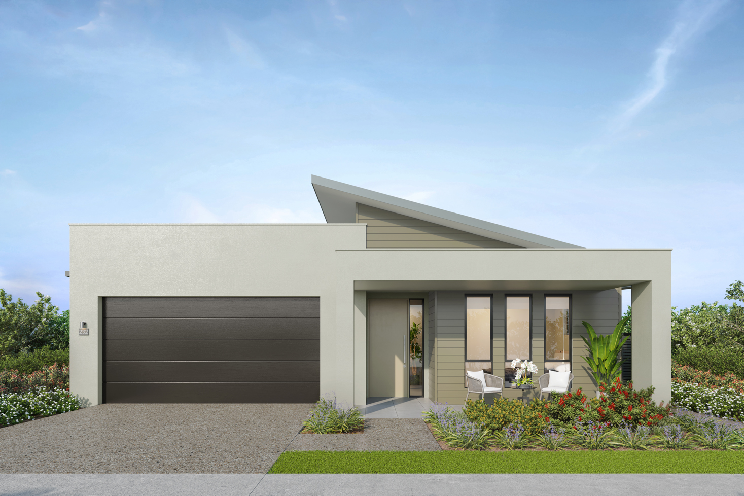 Facade render of the Kimberley S6 house design with a skillion roofline in rainforest colour scheme, located at Stockland Halcyon Gables in The Hills district.