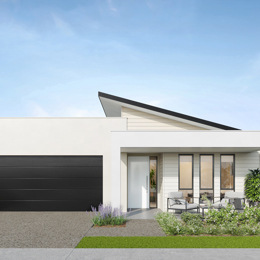 Facade render of the Kimberley S6 house design with a skillion roofline in urban colour scheme, located at Stockland Halcyon Gables in The Hills district.