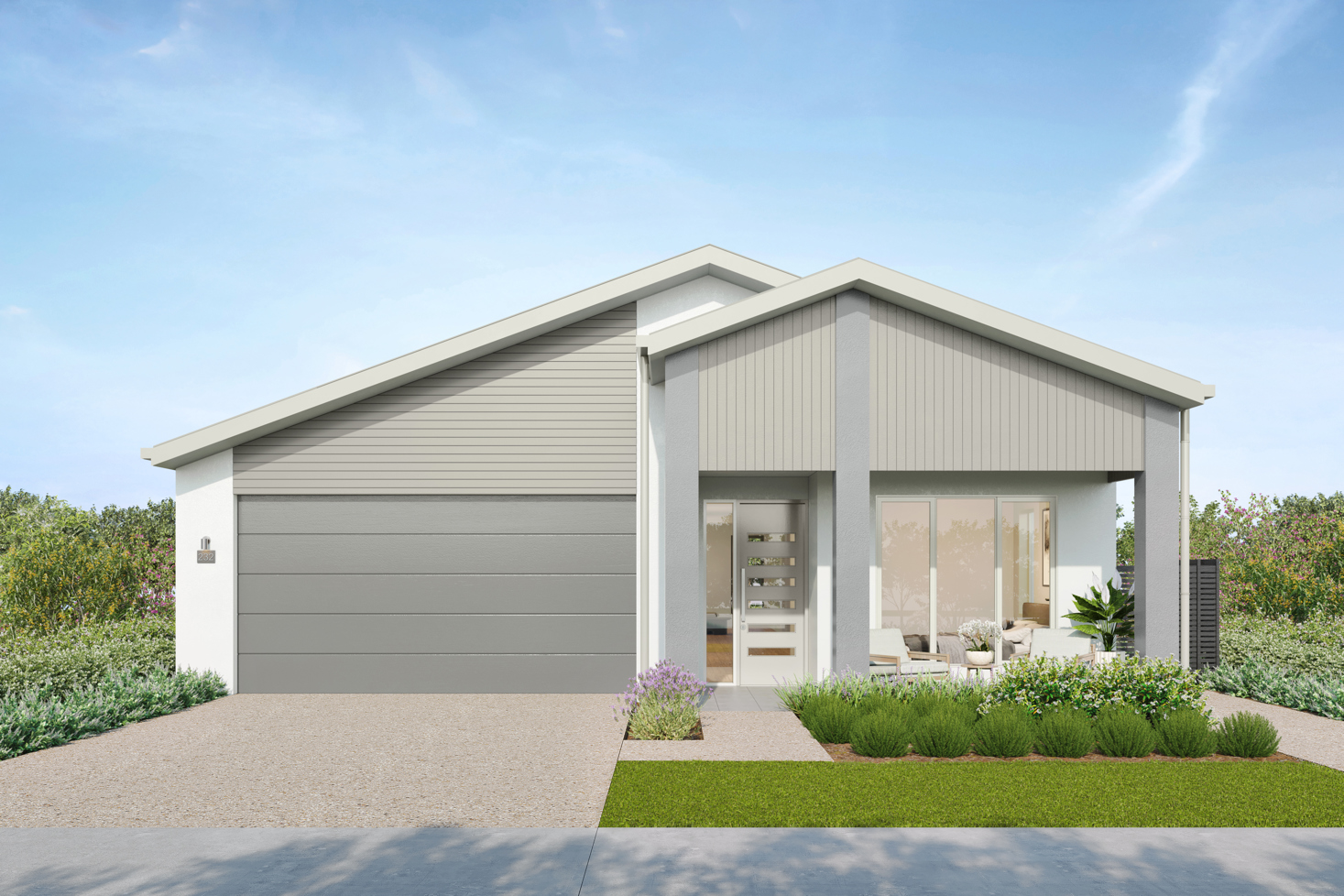Facade render of the Springbrook G3 house design with a gable roofline in coastal colour scheme, located at Stockland Halcyon Gables in The Hills district.