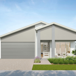 Facade render of the Springbrook G3 house design with a gable roofline in coastal colour scheme, located at Stockland Halcyon Gables in The Hills district.