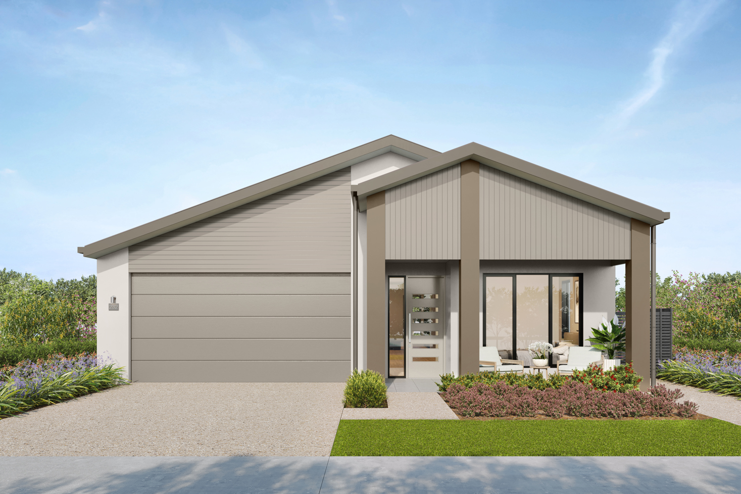 Facade render of the Springbrook G3 house design with a gable roofline in country colour scheme, located at Stockland Halcyon Gables in The Hills district.