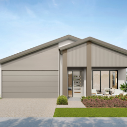 Facade render of the Springbrook G3 house design with a gable roofline in country colour scheme, located at Stockland Halcyon Gables in The Hills district.