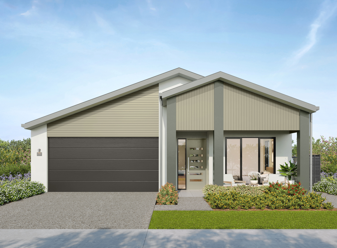 Facade render of the Springbrook G3 house design with a gable roofline in rainforest colour scheme, located at Stockland Halcyon Gables in The Hills district.