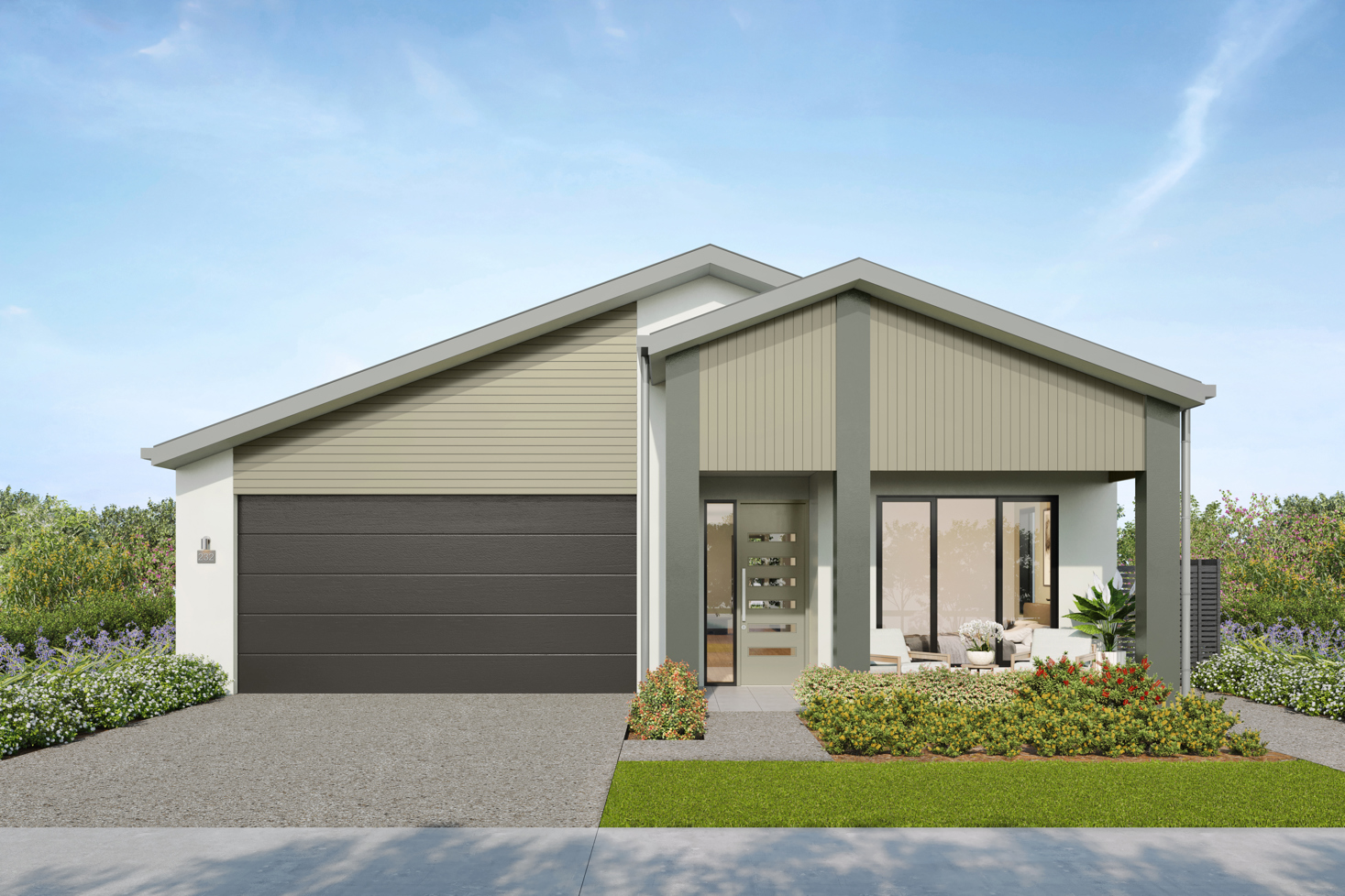 Facade render of the Springbrook G3 house design with a gable roofline in rainforest colour scheme, located at Stockland Halcyon Gables in The Hills district.