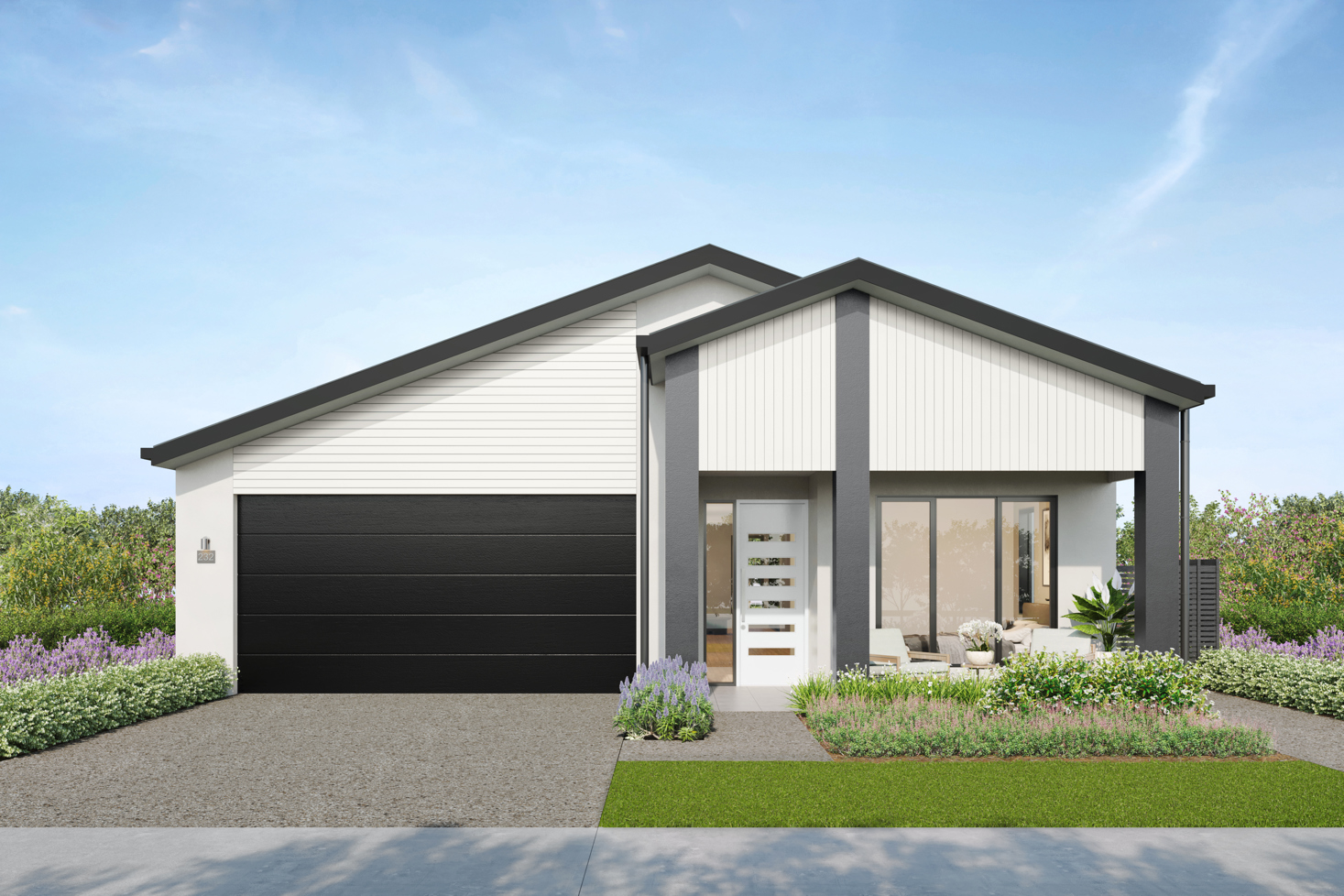 Facade render of the Springbrook G3 house design with a gable roofline in urban colour scheme, located at Stockland Halcyon Gables in The Hills district.