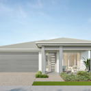 Facade render of the Yarra H3 house design with a hip roofline in coastal colour scheme, located at Stockland Halcyon Gables in The Hills district.