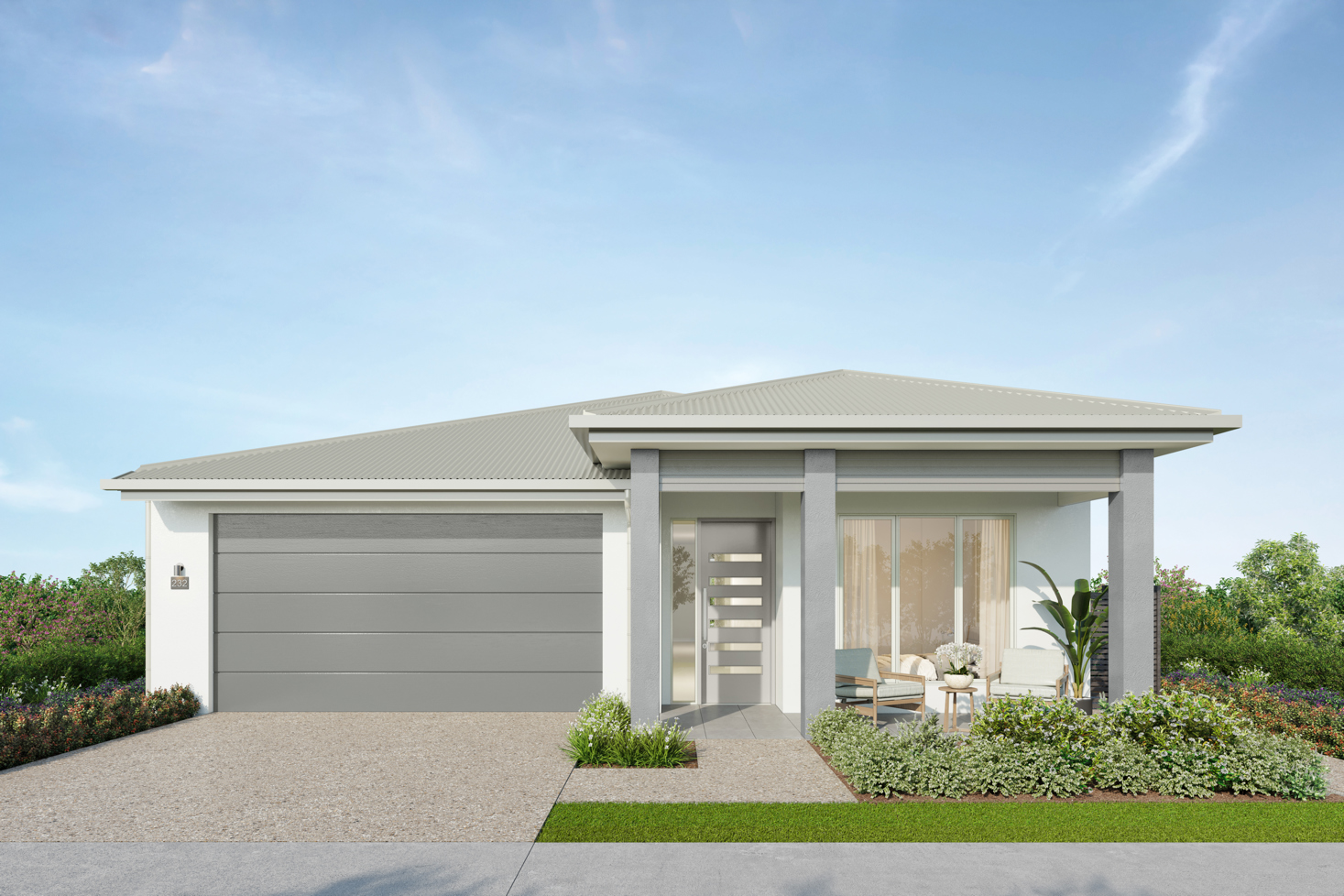 Facade render of the Yarra H3 house design with a hip roofline in coastal colour scheme, located at Stockland Halcyon Gables in The Hills district.