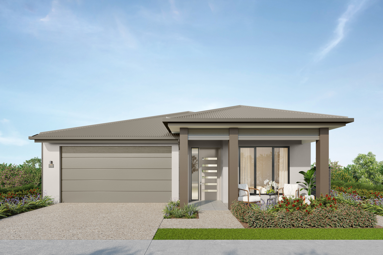 Facade render of the Yarra H3 house design with a hip roofline in country colour scheme, located at Stockland Halcyon Gables in The Hills district.