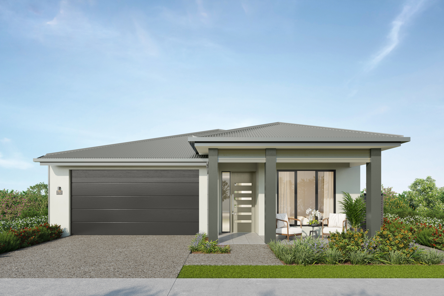 Facade render of the Yarra H3 house design with a hip roofline in rainforest colour scheme, located at Stockland Halcyon Gables in The Hills district.