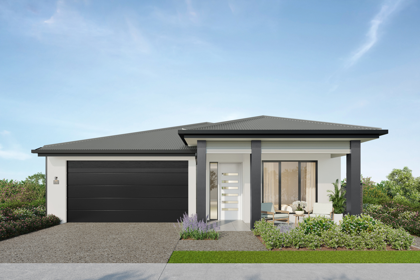 Facade render of the Yarra H3 house design with a hip roofline in urban colour scheme, located at Stockland Halcyon Gables in The Hills district.