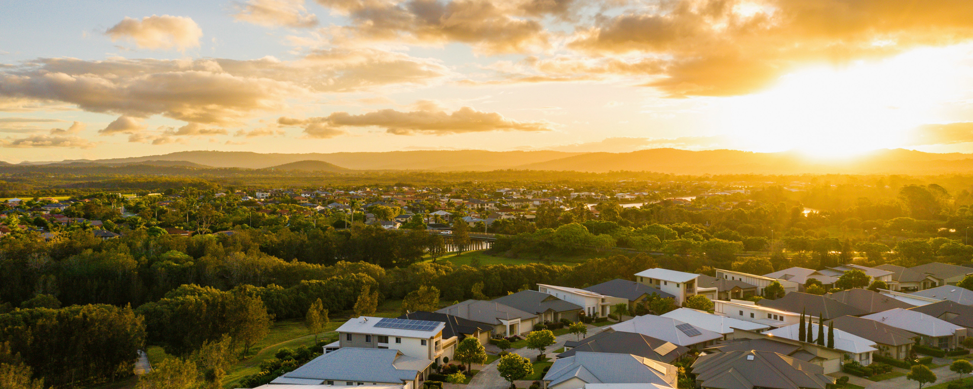 Drone shot of Halcyon Waters homes that back onto green space and trees under a sunset