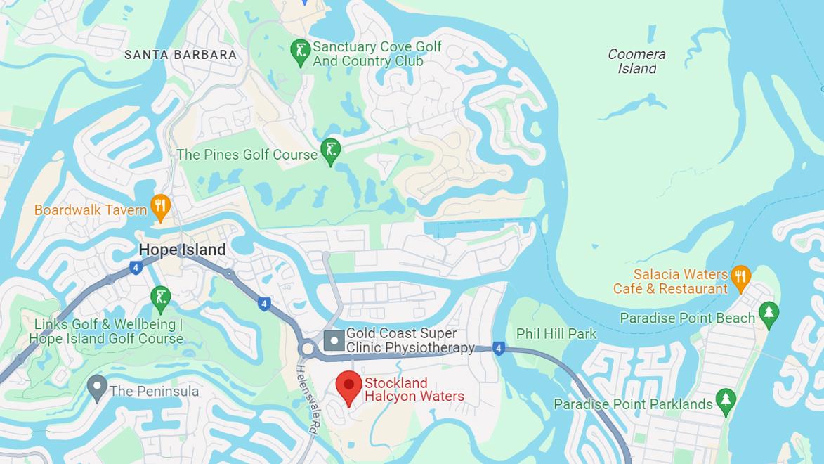 Google map capture showing Halcyon Waters and surrounding suburbs including Paradise Point and Sanctuary Cove 
