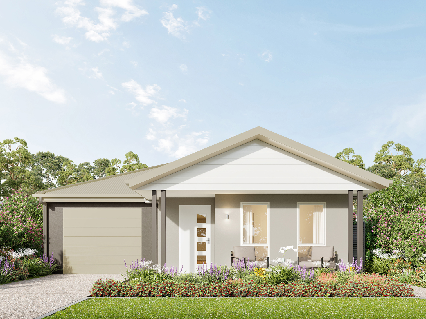 Facade render of the Allora house design with a Gable facade located at Stockland Halcyon Rise.