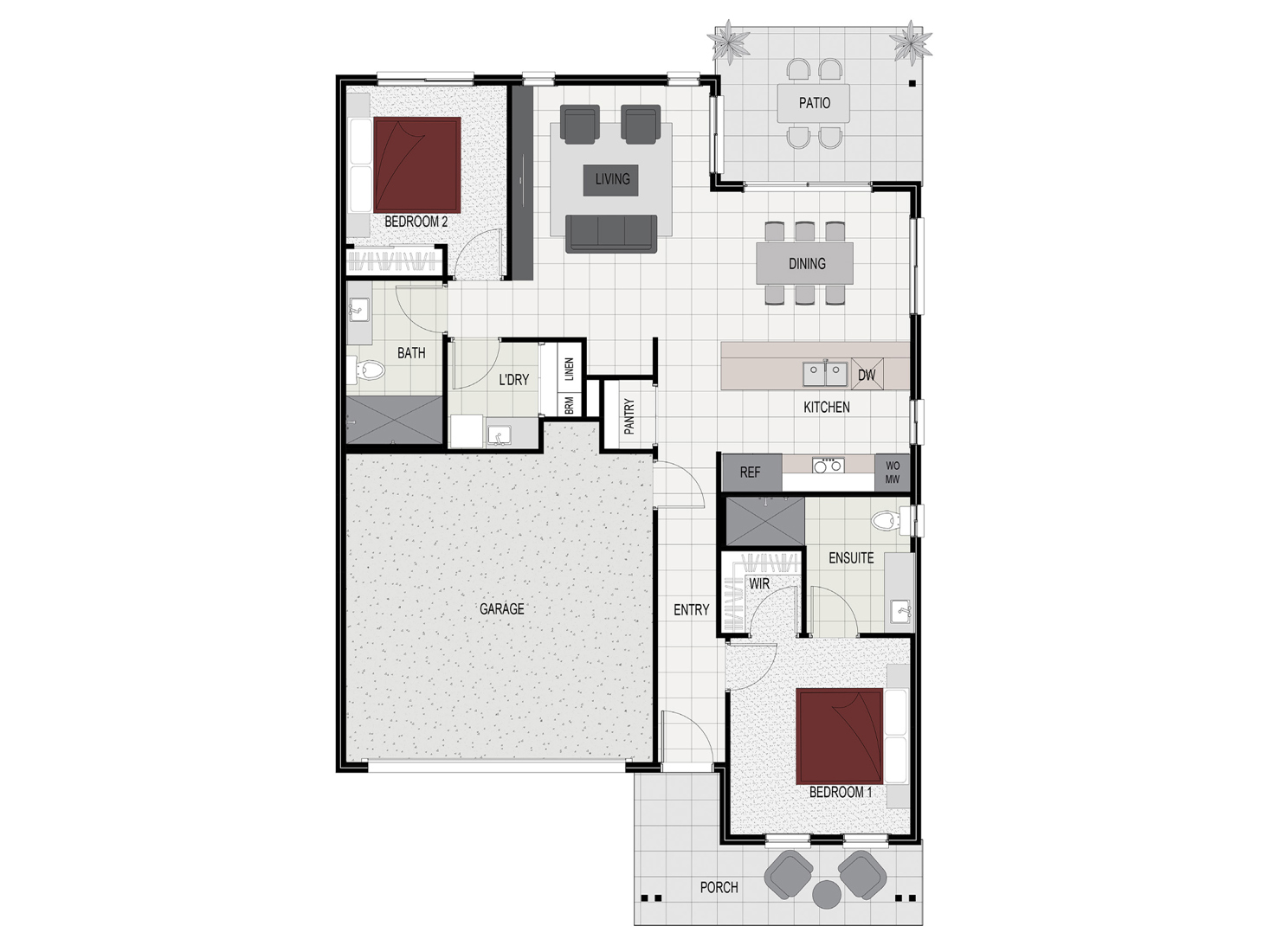 Floorplan of the Beechmont house design with a Gable facade located at Stockland Halcyon Rise, Logan Reserve.